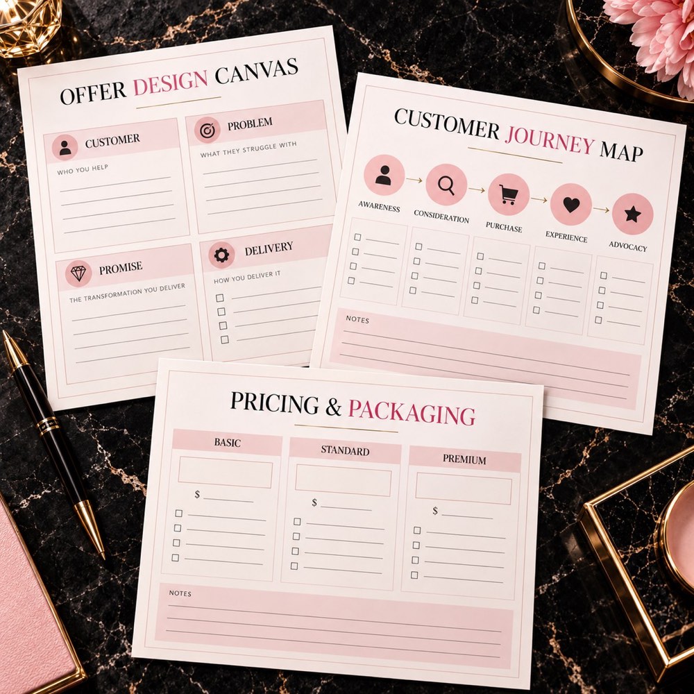 Offer design canvas, customer journey map, and pricing worksheet preview